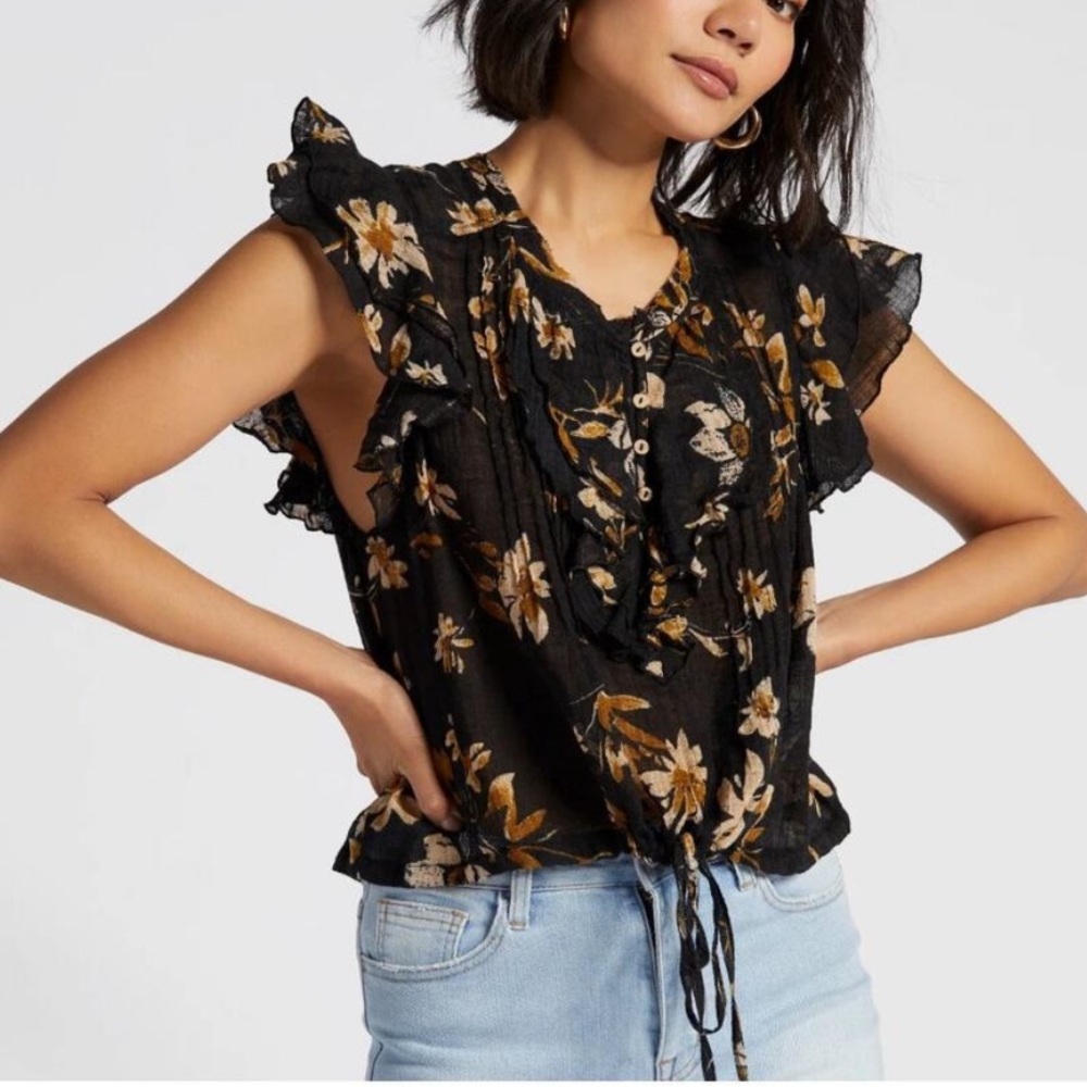 Free People One - Floral Ruffle Sleeve Black Top